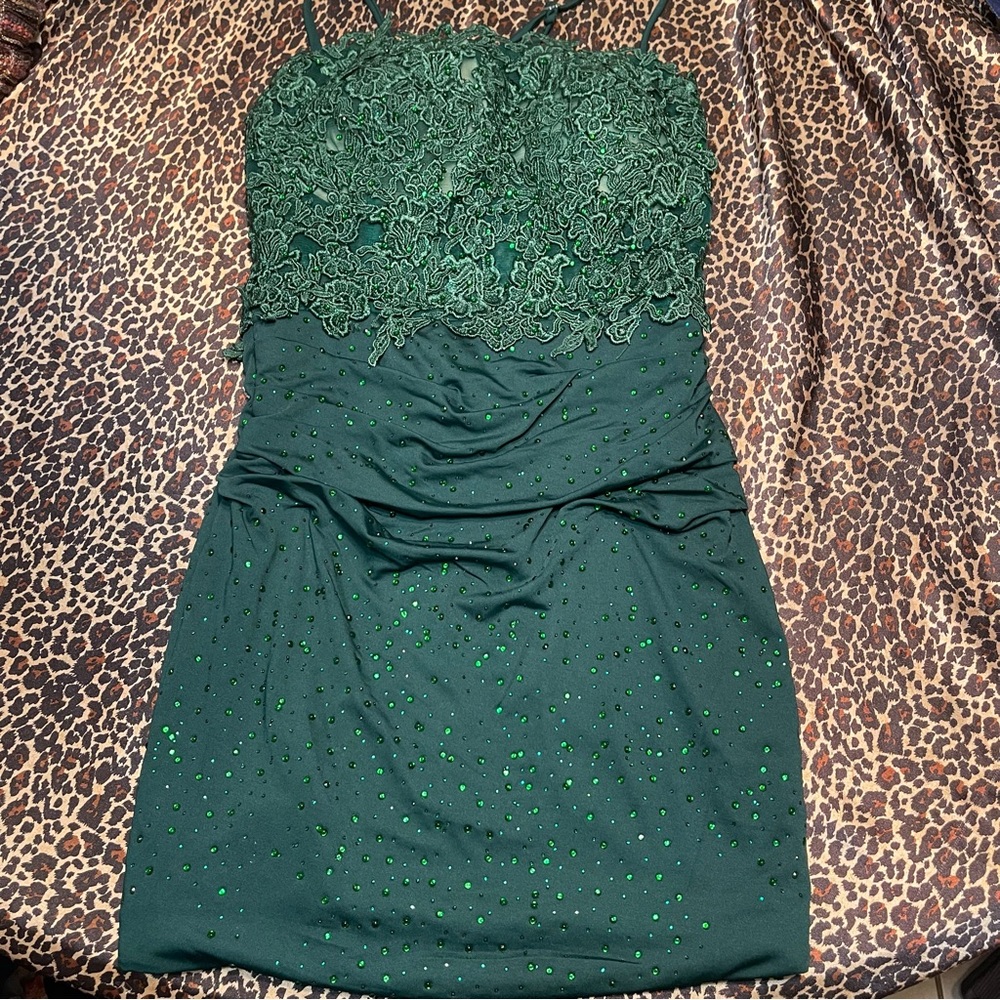 Milly Bridal Green Rhinstone Lace Mini Dress